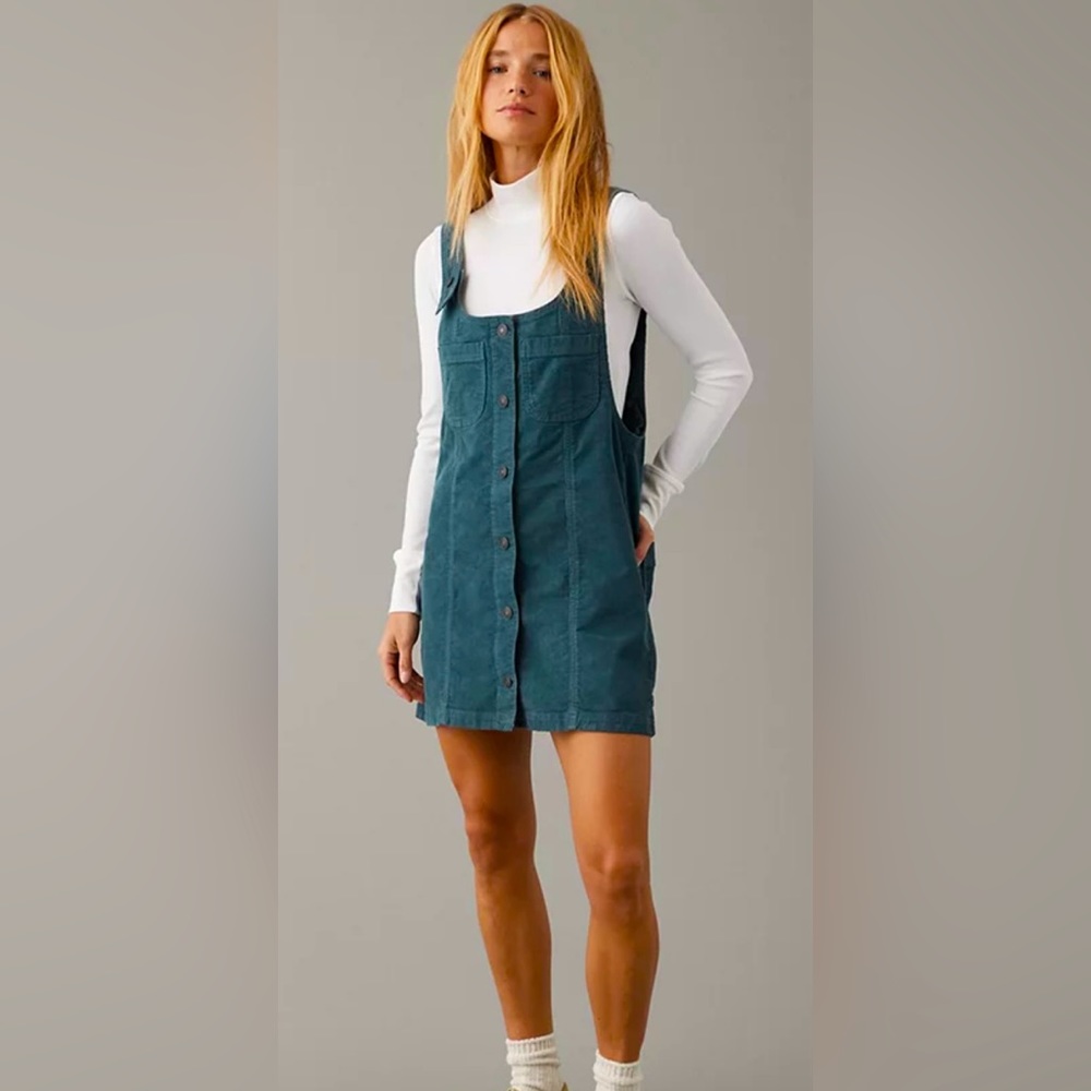 NWT American Eagle Corduroy Pinafore Dress. Size S. Teal Color.